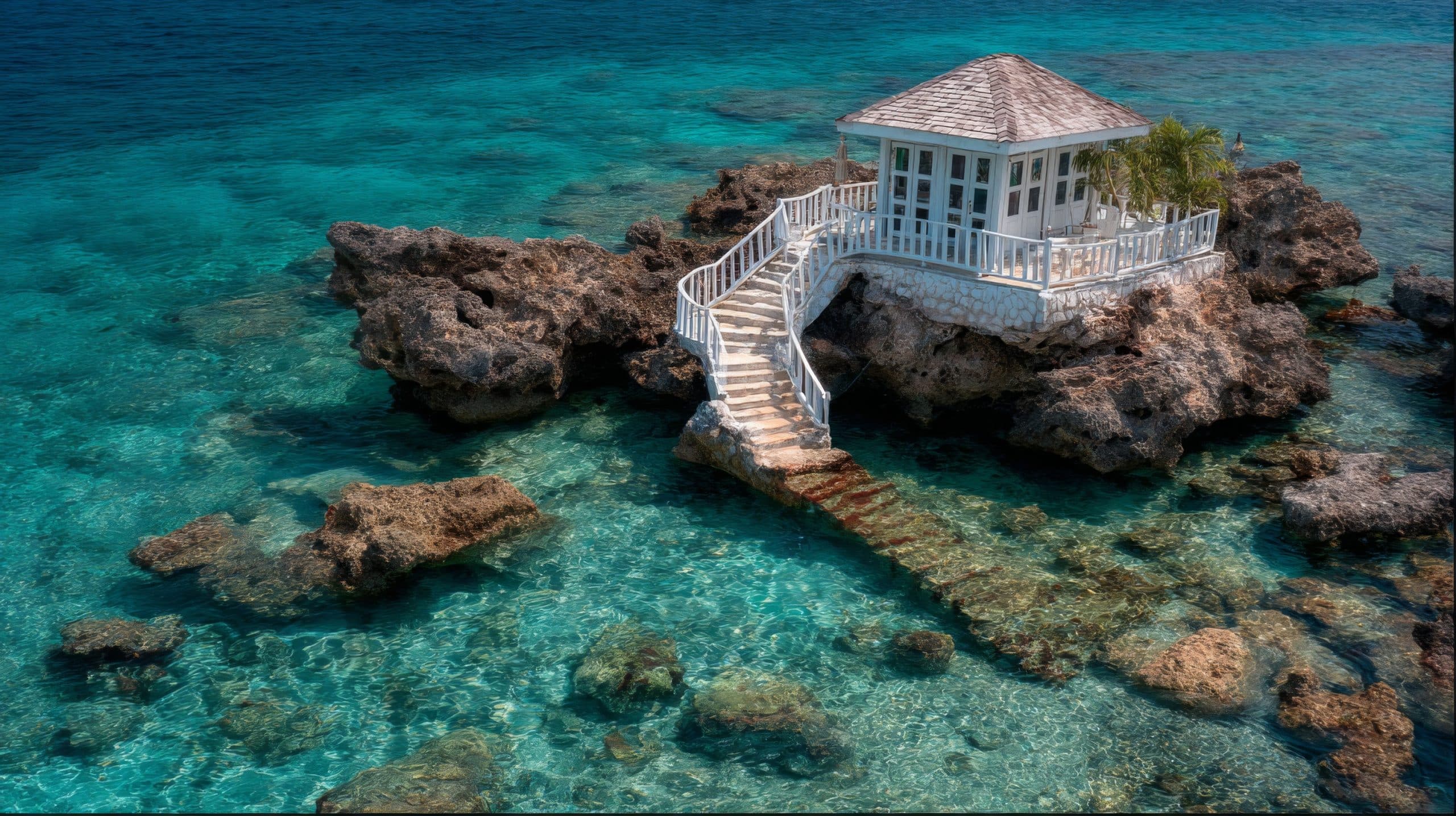 White House on Tropical Island Rocks in Clear Turquoise Water
